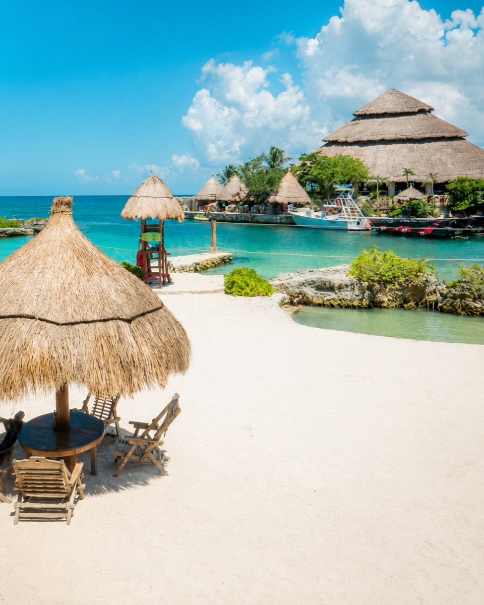Beach cabana on a white-sand beach in Cancún, Mexico