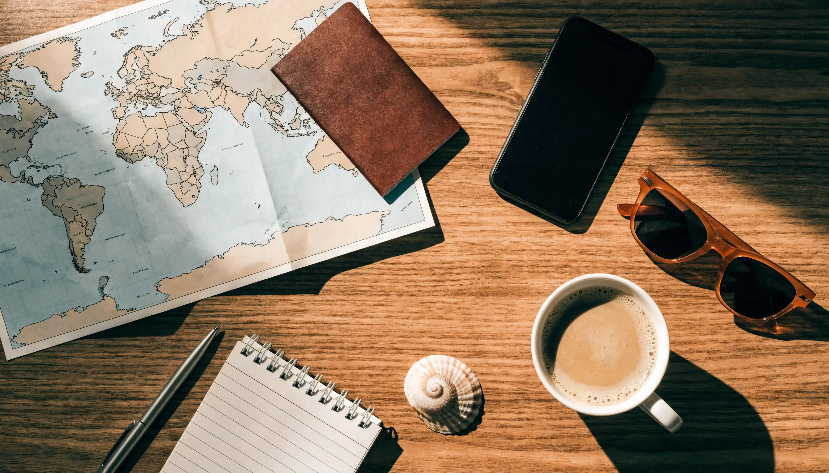 Travel planning flatlay with map and notes